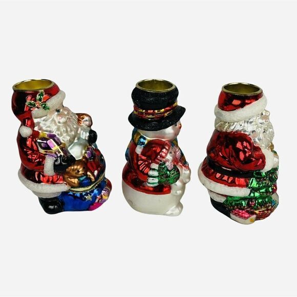 Traditions Blown Glass Christmas Tea Light Candle Holder Set of 3 Santa Snowman - Picture 3 of 12